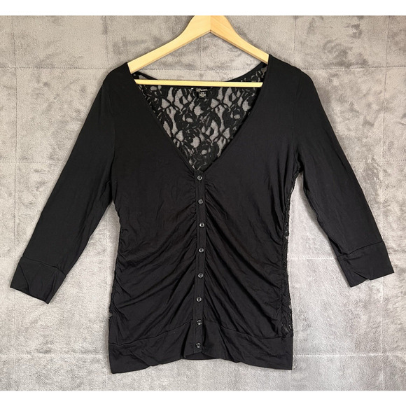 Guess Top Women Large Slim Black Floral Lace Back Button Front Coquette Witchy - Picture 1 of 12